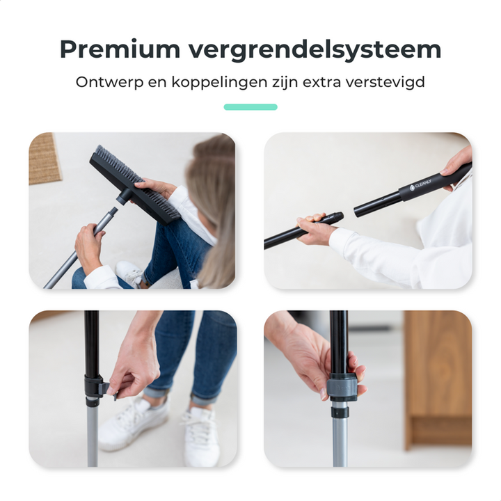 Detailed views of the telescopic broom’s premium locking system, ensuring secure use and durability