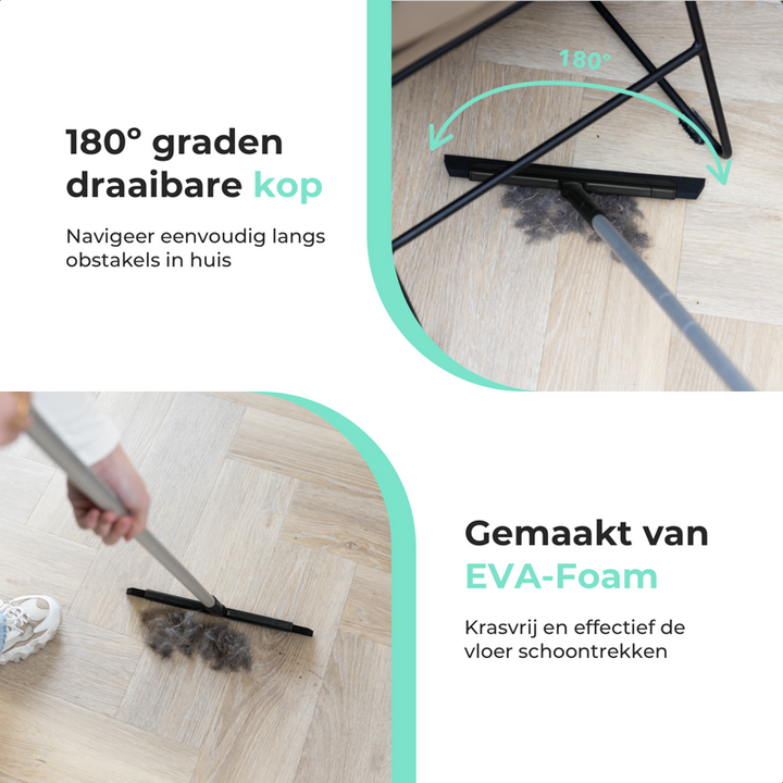 Cleanly floor squeegee with a 180-degree rotating head, effortlessly cleaning dust and dirt from a wooden floor with its EVA foam blade