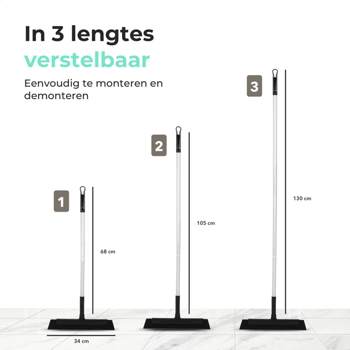 Cleanly floor squeegee shown in three adjustable sizes—68 cm, 105 cm, and 130 cm—making it versatile for various cleaning tasks