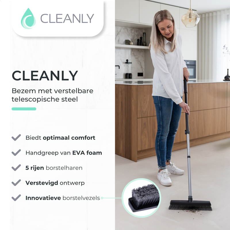 A woman using cleanly the telescopic broom in her kitchen. The broom is designed for optimal comfort with EVA foam grip and five rows of bristles