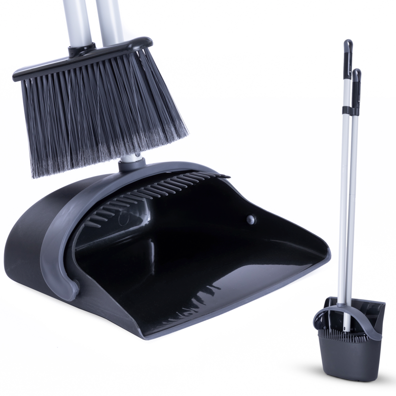 Close-up view of the Cleanly dustpan and broom set, featuring durable bristles and a wide dustpan with a rubber edge for effective sweeping