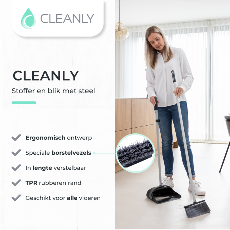 Woman using the Cleanly dustpan and broom set to sweep up dust and debris, demonstrating its ergonomic design and adjustable handle