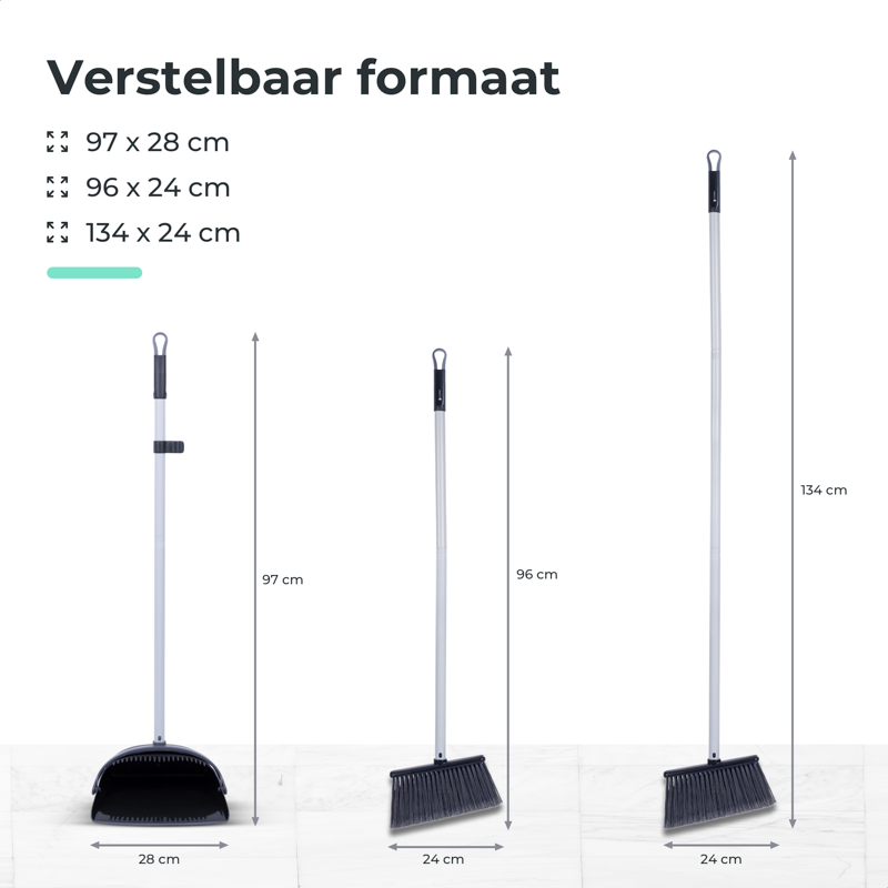 Three different adjustable height settings for the Cleanly broom and dustpan set, ranging from 96 cm to 134 cm, shown with measurements