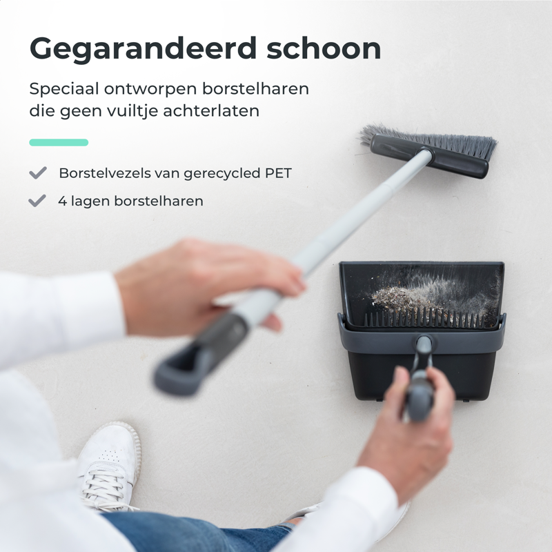 Cleanly dustpan and broom in action, showcasing the recycled PET bristles and multi-layered brush for a thorough clean without leaving debris behind