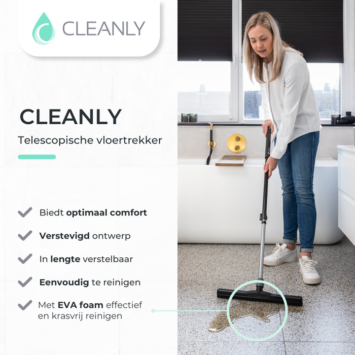 Cleanly telescopic floor squeegee used in a bathroom, promoting optimal comfort, reinforced design, adjustable length, and easy-to-clean features