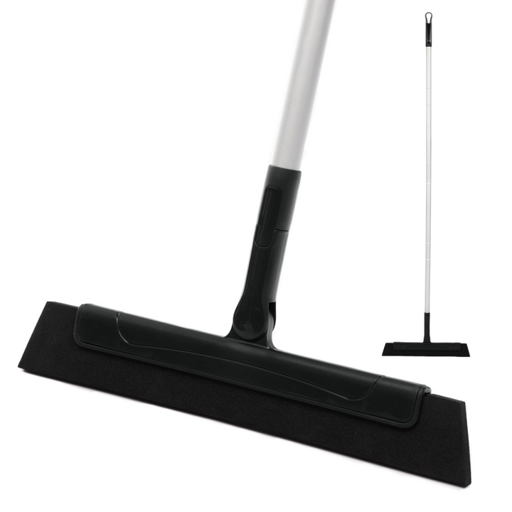 Close-up image of a Cleanly floor squeegee with a black EVA foam head and lightweight aluminum handle, designed for efficient floor cleaning