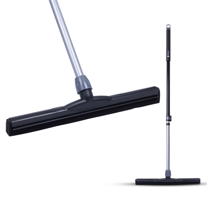 Cleanly floor squeegee with a telescopic handle shown in two perspectives, highlighting the sleek and durable design for effective cleaning