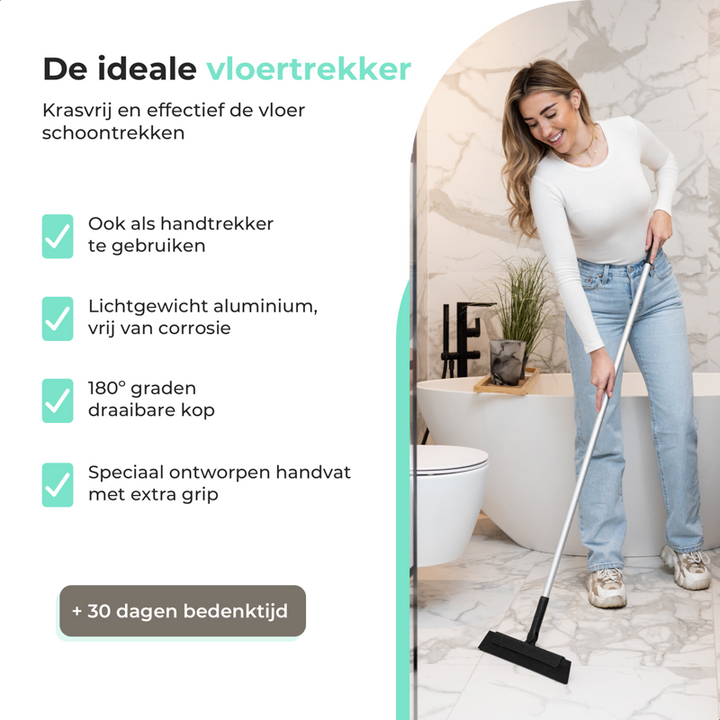 Woman using a Cleanly floor squeegee to clean a bathroom floor, highlighting its lightweight aluminum design and 180° rotating head for easy navigation