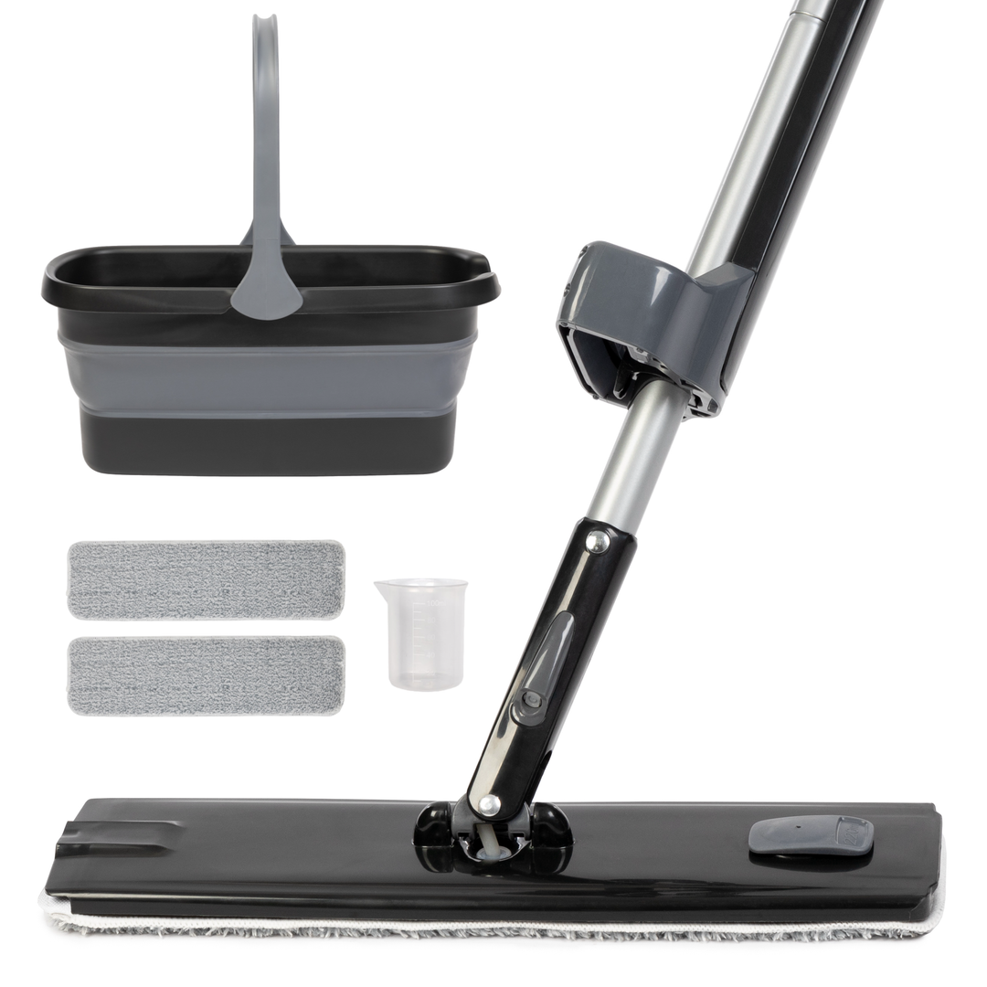 Cleanly mop set with spray function, including a collapsible bucket, three mop pads, and a measuring cup