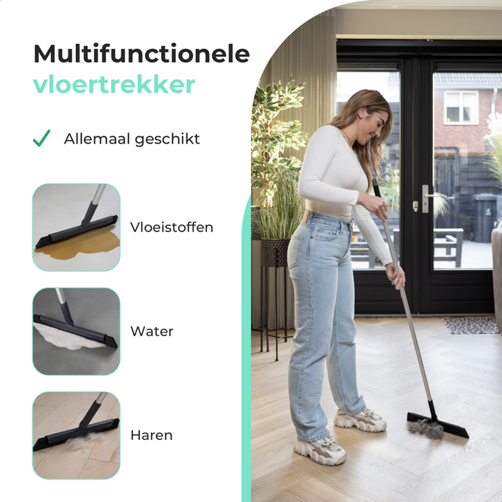 Woman using a Cleanly multifunctional floor squeegee to clean liquids, water, and pet hair from different floor surfaces