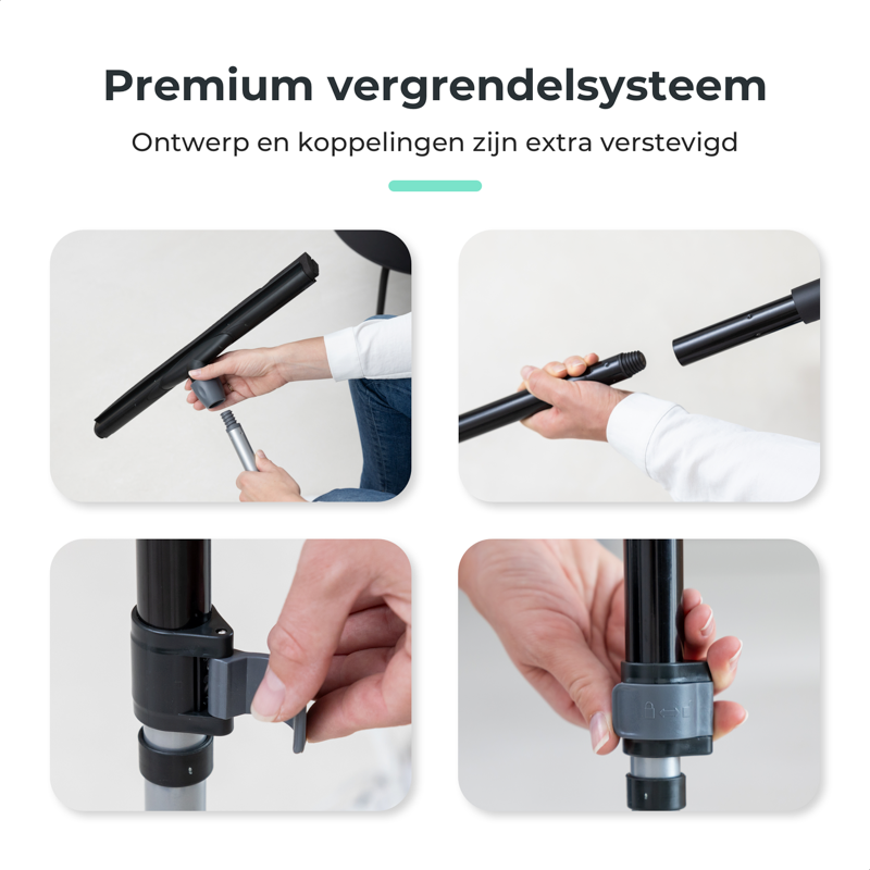 Step-by-step assembly of the Cleanly squeegee’s premium locking system, showcasing extra secure and reinforced joints for durability