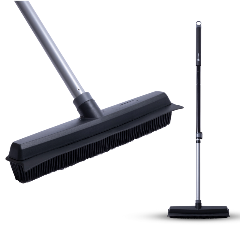 Close-up of the Cleanly rubber broom head, showcasing durable black rubber bristles for indoor and outdoor cleaning