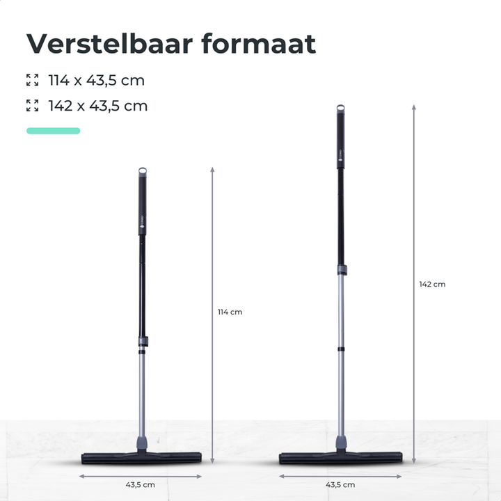 The Cleanly floor squeegee with adjustable height between 114 cm and 142 cm and a wide blade of 43.5 cm for efficient cleaning