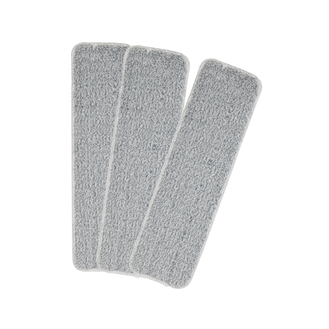 Three gray rectangular microfiber mop pads arranged in a fan-like pattern on a white background